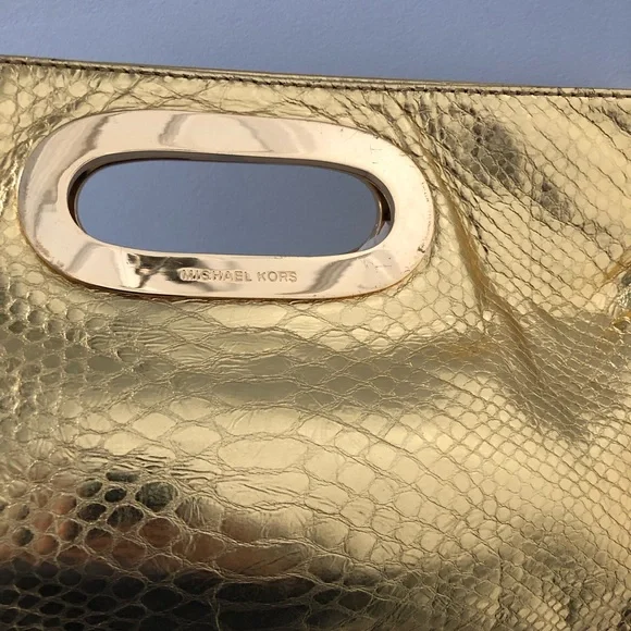 Michael Kors Berkeley Metallic Gold Leather Snakeskin Print Clutch Bag - Picture 2 of 12
